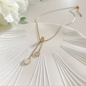 Tassel Double Heart Pendant Necklace Stainless Steel Chain with Zirconia